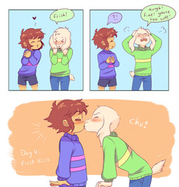 5_fingers >_< ambiguous_gender blue_clothing blue_sweater blue_topwear blush bottomwear clothing dialogue duo emanata eyes_closed fingers floppy_ears fur grabbing_both_ears green_clothing green_sweater green_topwear heart_symbol holding_head kissing male pattern_clothing pattern_sweater pattern_topwear shorts simple_background speech_bubble striped_clothing striped_sweater striped_topwear stripes sweater tail tail_motion text topwear white_body white_fur young lightingupthereef undertale undertale_(series) asriel_dreemurr frisk_(undertale) boss_monster_(undertale) bovid caprine human mammal monster comic