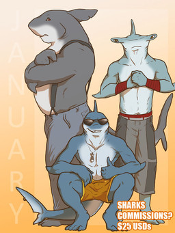 anthro bottomwear boxers_(clothing) clothing denim denim_bottomwear denim_clothing eyewear gesture group hand_gesture jeans jewelry looking_at_viewer male necklace pants sunglasses suspenders swimwear tail thumbs_up underwear eclipticafusion aquatic fish great_white_shark ground_shark hammerhead_shark mackerel_shark shark white_shark 3:4 source_request