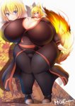 asian_clothing belly big_breasts black_bottomwear black_clothing black_pants blonde_hair blush bottomwear breasts cleavage clothed clothing curvy_figure dipstick_tail east_asian_clothing female fire flaming_tail footwear fully_clothed fur hair hand_on_breast huge_breasts hyper hyper_breasts inner_ear_fluff japanese_clothing kimono leaf light_body light_skin looking_at_viewer maple_leaf markings monotone_hair multicolored_tail obi overweight overweight_female overweight_humanoid pants shoes simple_background smile solo standing tail tail_markings thick_thighs tight_clothing tuft voluptuous white_background wide_hips yellow_body yellow_fur kyosuke_fujiwara animal_humanoid canid canid_humanoid canine canine_humanoid fox_humanoid humanoid mammal mammal_humanoid full-length_portrait hi_res portrait