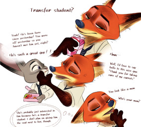 accessory anthro anthro_on_anthro beverage brown_body brown_fur clothed clothing collared_shirt cross-popping_vein dress_shirt duo eating female food fur green_eyes greeting grey_body grey_fur interspecies long_ears narrowed_eyes necktie open_mouth orange_body orange_fur purple_eyes shirt simple_background tan_body tan_fur teeth text tongue topwear white_background nibkman0304 disney zootopia judy_hopps nick_wilde canid canine european_rabbit fox lagomorph leporid mammal oryctolagus rabbit red_fox true_fox english_text hi_res
