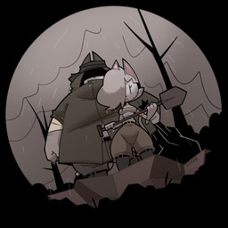anthro arm_wraps bag black_background boots bottomwear brown_bottomwear brown_clothing brown_pants chest_wraps clothing dirt duo eyelashes female footwear grey_clothing grey_shirt grey_tank_top grey_topwear hair hair_over_eye holding_object jacket looking_at_viewer male mask pants plant raining shirt shoes shovel simple_background tank_top tools topwear trash_bag tree whiskers wraps maddeku gata_the_future_russian_kitty gata_preobrazhenskaya ivan_preobrazhensky domestic_cat felid feline felis mammal russian_blue 1:1 hi_res brother_(lore) brother_and_sister_(lore) sibling_(lore) sister_(lore)