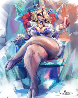 anthro antlers blonde_hair blue_antlers blue_eyes blue_lips breasts chair crossed_legs deer_antlers female furniture hair hair_over_eye holding_glass holding_object hooves horn lips sitting solo throne throne_room arhymerous deltarune undertale_(series) carol_holiday deer mammal absurd_res hi_res