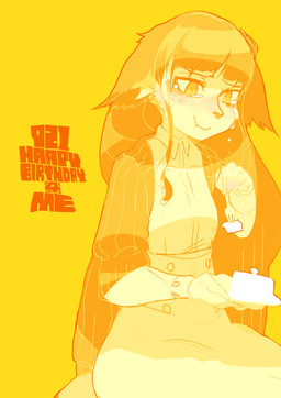 5_fingers anthro bodily_fluids breasts cake clothed clothing dessert female fingers food fur hair kemono long_hair simple_background small_breasts snout solo tears text yellow_background idkuroi noire_kooshe domestic_cat felid feline felis mammal 2015 english_text