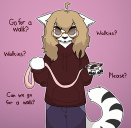 anthro asking asking_viewer black_body black_fur black_pawpads black_stripes blonde_hair blue_bottomwear blue_clothing blue_jeans blue_pants bottomwear clothing collar denim denim_bottomwear denim_clothing dialogue eyewear female fur glasses hair hoodie jeans leash markings pants pawpads red_clothing red_hoodie red_topwear solo striped_body striped_fur striped_markings striped_tail stripes tail tail_markings text topwear white_body white_fur ashblondekittyy ashlyn_(ashblondekitty) domestic_cat felid feline felis mammal english_text trans_(lore) trans_woman_(lore)