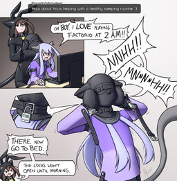 belt_buckle blindfold bodysuit brown_eyes brown_hair buckle chair clothing computer dialogue duo earmuffs electronics forced forced_bondage furniture gag gagged gagged_talk gaming hair humor latex latex_bodysuit latex_clothing latex_hood latex_skinsuit lock male office_chair open_mouth padlock playing_video_game purple_clothing purple_hair question sensory_deprivation skinsuit tight_clothing timer two_panel_image alodo_(artist) alodo_(character) yous_(character) animal_humanoid cat_humanoid felid felid_humanoid feline feline_humanoid humanoid mammal mammal_humanoid 2026 signature