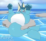 ambiguous_gender big_diaper big_tail blush bottomwear butt clean_diaper clothing diaper feral fin lying on_back pawpads presenting presenting_diaper presenting_hindquarters sea solo tail underwear water pail_puppy_(artist) nintendo pokemon eeveelution generation_1_pokemon pokemon_(species) vaporeon