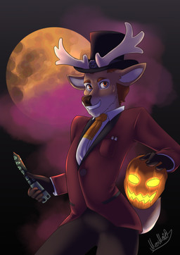 anthro antlers bottomwear brown_body brown_eyes brown_fur brown_hair clothing fog full_moon fur hair hat headgear headwear holding_knife holding_mask holding_object horn knife looking_at_viewer male moon necktie open_mouth pants red_clothing smile solo tail top_hat moomaid mystic_(mysticaldeer) deer mammal 2024 absurd_res digital_media_(artwork) hi_res