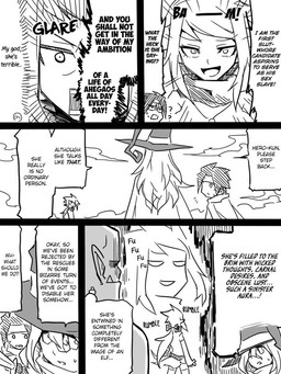 female magic_user male melee_weapon not_furry sword text warrior weapon jin_(mugenjin) elfxorc elf human humanoid mammal orc 3:4 comic english_text monochrome