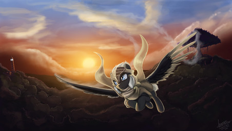 blonde_hair blue_eyes day detailed_background feathered_wings feathers female feral hair hooves outside sky solo sun wings rublegun hasbro my_little_pony mythology fan_character equid equine mammal mythological_creature mythological_equine pegasus hi_res