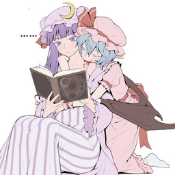 bite blood blood_in_mouth blue_hair bodily_fluids bonnet book claws clothing dress drinking drinking_blood duo ellipsis eyes_closed female footwear hair headgear headwear holding_book holding_object hug hugging_another hugging_from_behind membrane_(anatomy) membranous_wings mobcap neck_bite pattern_clothing pattern_dress pink_bonnet pink_clothing pink_dress pink_headwear pink_mobcap purple_bonnet purple_clothing purple_dress purple_eyes purple_hair purple_headwear purple_mobcap reading simple_background socks striped_clothing striped_dress stripes white_background white_clothing white_footwear white_socks wing_claws wings yopofen touhou patchouli_knowledge remilia_scarlet animal_humanoid bat bat_humanoid human humanoid mammal mammal_humanoid vampire winged_humanoid 1:1 2026 hi_res