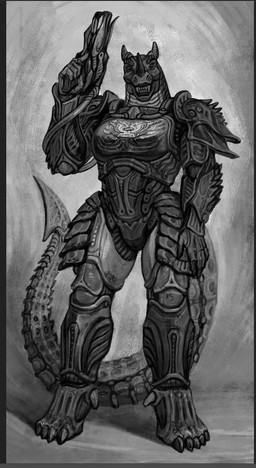 4_toes 5_fingers black_lips breast_armor claws emblem fangs_bared feet female fingers gun hand_on_leg hand_on_thigh holding_gun holding_object holding_ranged_weapon holding_weapon horn lips long_tail looking_at_viewer multi_nostril ranged_weapon shadow sharp_teeth solo spiked_tail spikes spikes_(anatomy) tail teeth toe_claws toes weapon wearing_armor unita-n paenitentia rhea_zamfira alien balhannur 2025 alternate_version_at_source digital_media_(artwork) full-length_portrait hi_res monochrome portrait sketch