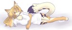 anthro big_breasts blonde_hair breasts clothing feet female fur green_eyes hair long_hair lying multicolored_body multicolored_fur on_side one_eye_closed shirt simple_background solo striped_body striped_fur stripes tail thick_thighs tight_clothing topwear white_background white_body white_fur wide_hips yellow_body yellow_fur angelthevixen mihoyo zenless_zone_zero pulchra_(zenless_zone_zero) domestic_cat felid feline felis mammal hi_res