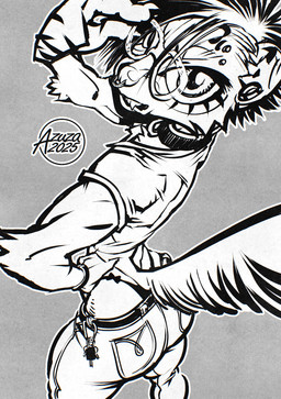 anthro arm_tuft clothed clothing ear_piercing elbow_tuft eyebrow_piercing eyelashes eyewear facial_piercing female gauged_ear glasses hand_on_hip logo looking_at_viewer nose_piercing nose_ring piercing ring_piercing septum_piercing septum_ring simple_background slim small_waist solo standing text tuft azuza 2025 artist_logo artist_name dated hi_res monochrome