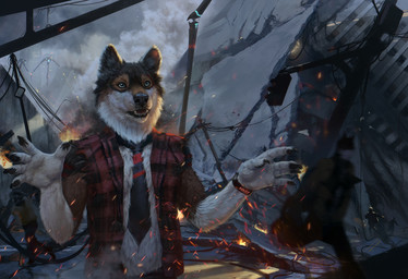 5_fingers accessory anthro blue_eyes claws clock clothed clothing destruction detailed_fur fingers fire flannel fur group looking_at_viewer male necktie open_clothing open_mouth open_shirt open_topwear outside pattern_clothing pattern_topwear plaid plaid_clothing plaid_topwear running scar shirt solo_focus standing topwear torn_clothing vest watch white_body white_fur wristwatch conditional_dnp royz mythology rakan canid canine canis mammal mythological_canine mythological_creature werecanid werecanine werecreature werewolf wolf 2018 detailed digital_media_(artwork) hi_res