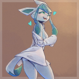 anthro anthrofied blue_body blue_fur blue_heart blue_sclera blush border bottomless breasts brown_background brown_border butt chest_tuft clothed clothing facial_tuft female fur gradient_background heart_symbol looking_at_viewer looking_back looking_back_at_viewer open_mouth open_smile pokemorph simple_background small_breasts smile solo standing tail tail_under_clothing teeth tuft c3ilin nintendo pokemon eeveelution generation_4_pokemon glaceon pokemon_(species) 1:1 hi_res