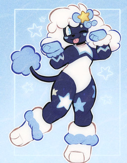 accessory ambiguous_gender anthro blep blue_background blue_eyes hair_accessory one_eye_closed paws pose simple_background solo star tail tongue tongue_out sylveonite fan_character canid canine canis domestic_dog mammal poodle 2025 digital_media_(artwork) full-length_portrait portrait