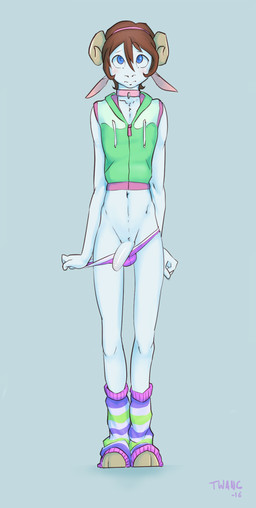 accessory anthro balls_in_underwear blue_eyes blush clothing collar curved_horn femboy fur genitals hair headband hooves horn leg_warmers legwear looking_up male panties penis red_hair solo underwear white_body white_fur twang milo_(twang) bovid caprine goat mammal hi_res