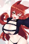 big_breasts breasts cleavage clothed clothing female hair humanoid_pointy_ears looking_at_viewer navel one_eye_closed open_mouth pointy_ears pupils red_hair smile solo thick_thighs wink mishythesheep amelie_azazel animal_humanoid humanoid absurd_res hi_res