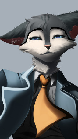 anthro clothing formal_wear fur grey_body grey_fur head_tilt male neck_tuft solo suit tuft enoxarts lackadaisy rocky_rickaby domestic_cat felid feline felis mammal 4k 9:16 absurd_res hi_res portrait