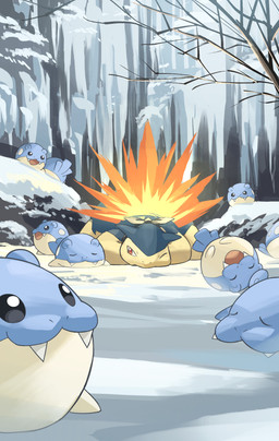 ambiguous_gender eyes_closed fangs feral group lying multicolored_body on_back on_front one_eye_closed open_mouth plant snow tail teeth tongue tree two_tone_body hakkentai_pkdn nintendo pokemon generation_2_pokemon generation_3_pokemon pokemon_(species) spheal typhlosion 2025 hi_res