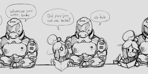 anthro armor blush blush_lines dialogue duo female headgear helmet male male/female size_difference tail tail_motion tailwag text yotomoe animal_crossing doom_(series) id_software microsoft nintendo doom_slayer isabelle_(animal_crossing) canid canine canis domestic_dog human mammal 2020 absurd_res english_text hi_res monochrome