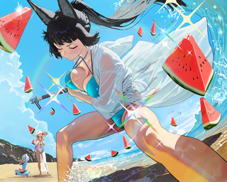animal_ears beach big_breasts bikini blush breasts clothing eating eyes_closed female food fruit group hair horn inner_ear_fluff katana melee_weapon melon plant ponytail sparkles swimwear sword trio tuft two-piece_swimsuit watermelon watermelon_slice weapon hintobento asian_mythology east_asian_mythology japanese_mythology mihoyo mythology zenless_zone_zero hoshimi_miyabi soukaku tsukishiro_yanagi animal_humanoid canid canid_humanoid canine canine_humanoid demon fox_humanoid horned_humanoid human humanoid mammal mammal_humanoid oni thiren yokai 5:4 hi_res