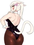 accessory animal_ears animal_tail big_butt blonde_hair blush breasts brown_clothing brown_legwear brown_tights bunny_costume butt clothing costume cuffs_(clothing) ears_down eyelashes facial_markings female flower flower_in_hair fur hair hair_accessory hand_on_hip head_markings legwear leotard looking_at_viewer looking_back looking_back_at_viewer markings pivoted_ears plant purple_clothing purple_leotard rear_view red_eyes simple_background smile solo tail tan_body tan_fur tan_skin thick_thighs tights white_background wide_hips shnibbles final_fantasy final_fantasy_xiv square_enix animal_humanoid cat_humanoid felid felid_humanoid feline feline_humanoid humanoid mammal mammal_humanoid miqo'te tailed_humanoid 3:4 absurd_res hi_res