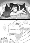 bodily_fluids chest_scar claws clothed clothing detailed_eyes duo facial_scar horn inside_mouth male mouth_closed on_tongue pupils saliva saliva_covered saliva_string scales scar sharp_teeth slit_pupils teeth tongue karino_wagashi mythology zatch_bell! elzador vincent_bari dragon humanoid mythological_creature mythological_scalie scalie comic hi_res monochrome