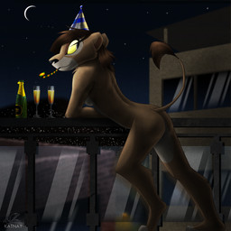alcohol anthro arm_support arm_tuft bent_leg bent_over beverage biped black_eyebrows black_nose black_sky blue_clothing blue_hat blue_headwear blue_stripes bottle breasts brown_hair brown_inner_ear brown_tail_tuft brown_tuft building butt casual_exposure casual_nudity champagne champagne_glass city city_background cityscape closed_smile clothing container countershade_breasts countershade_face countershade_fur countershade_legs countershade_neck countershade_torso countershading cup detailed_background drinking_glass elbow_tuft eye_markings eyebrow_through_hair eyebrows feet female female_anthro fur fur_tuft glass glass_container glass_cup green_sclera grey_body grey_breasts grey_clothing grey_countershading grey_eyes grey_fur grey_hat grey_headwear grey_markings grey_stripes grey_toes hair happy hat hat_only headgear headgear_only headwear headwear_only iris leg_tuft lights logo long_tail looking_back markings medium_breasts medium_hair monotone_hair moon mostly_nude mostly_nude_anthro mostly_nude_female mouth_closed multicolored_body multicolored_clothing multicolored_fur multicolored_headwear night on_roof outside party_hat party_horn pattern_clothing pattern_hat pattern_headgear pattern_headwear plantigrade pose pupils railing raised_heel raised_tail rooftop shoulder_tuft side_boob side_view sky slim slim_anthro slim_female smile snout solo standing star starry_sky straight_leg striped_clothing striped_hat striped_headgear striped_headwear stripes tail tail_tuft tan_body tan_ears tan_fur tan_tail tan_tuft text toeless_(marking) toes translucent translucent_hair tuft two_tone_body two_tone_clothing two_tone_fur two_tone_hat two_tone_headwear white_text window katnay felid lion mammal pantherine 1:1 artist_logo artist_name digital_media_(artwork) full-length_portrait hi_res pinup portrait shaded