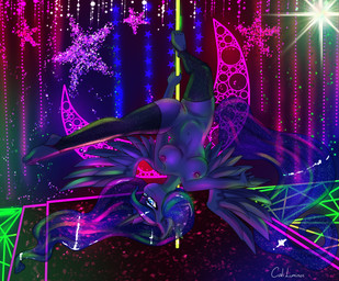 anthro anthrofied breasts clothing dancing ear_tuft female genitals horn inner_ear_fluff legwear lingerie navel nipples pole pole_dancing princess royalty solo stripper_pole text thigh_highs tuft vulva wings caliluminos friendship_is_magic hasbro my_little_pony mythology princess_luna_(mlp) equid equine horse mammal mythological_creature mythological_equine pony winged_unicorn absurd_res english_text hi_res