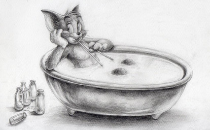 anthro arm_support bath beverage bottle claw_foot_bathtub container drinking_straw fur looking_at_viewer milk milk_bath solo whiskers lilith_(artist) metro-goldwyn-mayer tom_and_jerry thomas_cat domestic_cat felid feline felis mammal greyscale monochrome
