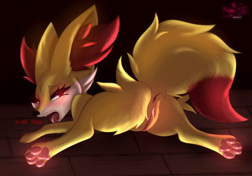 anus bodily_fluids cum cum_in_vagina cum_inside female feral fur genital_fluids genitals humanoid_genitalia humanoid_genitalia_on_feral humanoid_vulva humanoid_vulva_on_feral inner_ear_fluff looking_pleasured lying on_front pawpads paws red_eyes solo text tuft vulva yellow_body yellow_fur astralia nintendo pokemon canid canine fennekin fox generation_6_pokemon mammal pokemon_(species) hi_res
