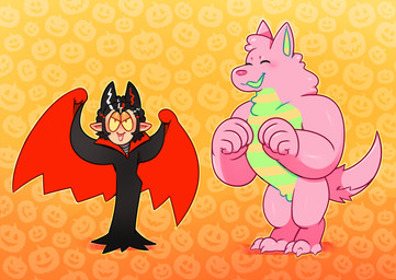 anthro black_hair cape cloak clothing duo eyes_closed eyewear fangs glasses green_goo hair holidays humanoid_pointy_ears male open_mouth open_smile pink_goo pointy_ears smile teeth darkchibishadow gummyandthedoctor halloween mythology dr._edwin_glum_(gummyandthedoctor) gummy_(gummyandthedoctor) alien canid canine goo_creature human mammal mythological_canine mythological_creature vampire werecanid werecanine werecreature werewolf genderfluid_(lore) nonbinary_(lore) trans_(lore) trans_man_(lore)