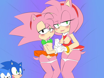 accessory age_difference anthro bedding bedroom_eyes blush bottomwear breasts clothed clothing clothing_aside cutaway dress dress_aside duo_focus exposed_breasts expression_cutaway eyelashes female female_focus flustered genitals green_eyes group hair hair_accessory hairband hand_holding male medium_breasts narrowed_eyes nipples older_female on_bedding open_mouth open_smile panties panties_down partially_clothed pink_hair pink_nipples raised_bottomwear raised_clothing raised_dress raised_shirt raised_skirt raised_topwear seductive shirt short_tail skirt small_breasts smile square_crossover tail topwear underwear underwear_down vulva wide_eyed young young_anthro young_female younger_female tenshigarden classic_sonic_(universe) sega sonic_the_hedgehog_(series) amy_rose classic_amy_rose classic_sonic sonic_the_hedgehog eulipotyphlan hedgehog mammal colored digital_media_(artwork) hi_res unavailable_at_source
