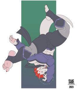 abs anthro biped claws clothed clothed_anthro clothed_male clothing feet fin finger_claws fingers gradient_background grey_body grey_scales handstand humanoid_feet humanoid_hands looking_at_viewer male muscular muscular_anthro muscular_male nipple_outline nipples non-mammal_nipples pecs plantigrade pose red_eyes scales simple_background solo spread_legs spreading tail text toe_claws toes tongue tongue_out upside_down isaac_andel scalie 2023 artist_name colored hi_res
