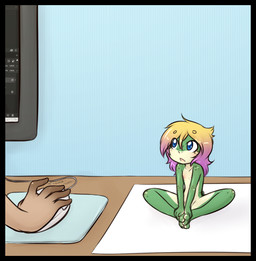 anthro black_border border camera computer computer_monitor computer_mouse crossed_legs curious duo electronics female genitals loli nude sitting solo_focus surprised vulva young young_anthro young_female shouk amphibian frog mammal hi_res