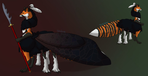 4_arms ambiguous_gender antennae_(anatomy) arthropod_abdomen black_pawpads claws fur green_eyes holding_object holding_weapon insect_wings melee_weapon multi_arm multi_limb naginata pawpads paws polearm solo weapon wings vulkalu crim_(vulkalu) arthropod canid canine fox insect lepidopteran mammal moth red_fox taur true_fox hi_res