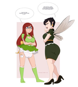 arm_under_breasts black_hair clean_diaper clothed clothing dialogue diaper dress duo eye_contact eyewear female footwear glasses green_clothing hair high_heels insect_wings looking_at_another pointy_ears red_hair shoes simple_background tattoo text wearing_diaper wings merunyaa fairy human mammal english_text hi_res