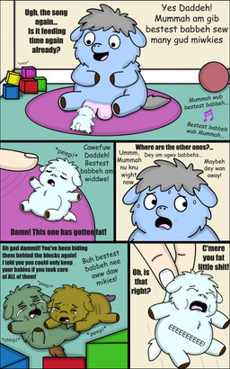 abuse ambiguous_feral ambiguous_gender ambiguous_human animal_abuse anus ball blue_body blue_fur bodily_fluids breastfeeding brown_tail child_abuse crotch_breasts crying dialogue emaciated female female_feral feral fur green_body green_fur grey_hair grey_tail hair inside insult lifting_another looking_aside mostly_offscreen_character profanity purple_tail sitting slightly_chubby slightly_chubby_feral sweat tail tears text toy_block white_tail x_anus young young_ambiguous young_feral roadkill_(fc) fluffy_pony fluffy_pony_(species) human mammal 2025 5:8 absurd_res broken_language comic comic_sans digital_drawing_(artwork) digital_media_(artwork) english_text hi_res impact_(font) shaded