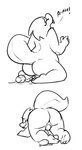 all_fours alphys anthro anus big_butt blush bodily_fluids buckteeth butt crowning egg female genital_fluids genitals kneeling looking_back looking_pleasured monochrome open_mouth oviposition pixylbyte presenting pussy raised_tail rear_view reptile scalie slightly_chubby slightly_chubby_female solo tail teeth text thick_tail thick_thighs undertale undertale_(series) vaginal_fluids wide_hips