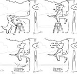 4_panel_comic dialogue eyes_closed ladder plant sitting smile standing tail tree unknown_artist kobold scalie 1:1 hi_res monochrome