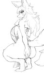 anthro arm_tuft bent_legs biped bodily_fluids body_tuft breasts claws eyebrow_through_hair eyebrows eyelashes female female_anthro fluffy fluffy_tail fur glistening glistening_eyes hair hand_on_butt hand_on_own_butt kemono kneeling leg_tuft long_hair looking_at_viewer looking_back looking_back_at_viewer simple_background skin_fang solo straight_arm sweat sweaty_hair tail thigh_tuft three-quarter_view toe_claws translucent translucent_hair tuft white_background healingpit canid mammal 2022 absurd_res black_and_white digital_drawing_(artwork) digital_media_(artwork) full-length_portrait hatching_(art) hi_res line_art monochrome portrait shaded