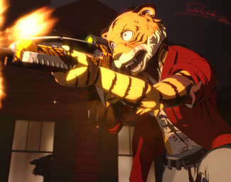 abs angry anthro blood blood_on_face blood_splatter bodily_fluids clothed clothing duo fighting_pose gun jacket male male/male muscular muscular_male partially_clothed pose ranged_weapon rifle scope shooting standing topwear weapon xm8 vermilionrenderworks enticia_(modeler) beastars bill_(beastars) legoshi_(beastars) bengal_tiger canid canine canis felid mammal pantherine tiger wolf cel_shading hi_res shaded signature