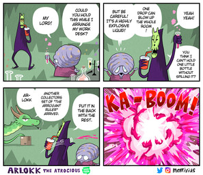 2_horns 3_fingers 4_fingers 4_panel_comic ambiguous_gender black_tail blue_eyes bone boom border box cardboard cardboard_box clothed clothing container cup dialogue doktor_(merrivius) drinking_straw_in_mouth explosion eyes_closed female fingers green_body group holding_container holding_cup holding_flask holding_object horn instagram_logo looking_up_at_another open_mouth purple_text shadow she-dragon_(merrivius) skull skull_head speech_bubble tail text trio twitter_logo white_border merrivius arlokk_the_atrocious instagram mythology twitter webtoon arlokk dragon mythological_creature mythological_scalie scalie 2022 artist_name comic comic_sans digital_media_(artwork) english_text shaded