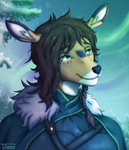 anthro aurora_(phenomenon) blue_eyes braided_hair brown_body brown_fur brown_hair clothing dark_body dark_fur ear_tuft female fur fur_clothing fur_markings hair leather markings multicolored_body pattern_clothing plant smile snow solo tree tuft tufted_fur white_body white_fur winter_clothing sinarts runa_(sinarts) cervine deer mammal absurd_res hi_res