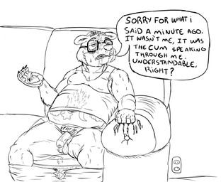 after_masturbation anthro balls belly bodily_fluids clothing cum dialogue eyewear furniture genital_fluids genitals glasses male navel overweight overweight_male penis post_nut_clarity shirt sitting sofa solo text topwear geuremon bear mammal 2025 english_text hi_res monochrome