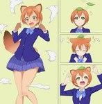 anthro bottomwear breasts clothed clothing female fully_clothed hair human_to_anthro leaf light_body light_skin orange_hair raised_arms school_uniform shocked short_hair simple_background skirt small_breasts solo species_transformation standing tail tanuki_leaf transformation transformation_sequence uniform yellow_eyes yonkoma ofuchobettoshirai love_live! love_live!_school_idol_project rin_hoshizora animal_humanoid canid canid_humanoid canine canine_humanoid human humanoid mammal mammal_humanoid raccoon_dog tanuki tanuki_humanoid absurd_res comic digital_media_(artwork) hi_res