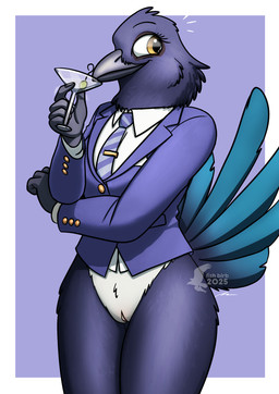 alcohol anthro beverage bottomless bottomless_female business_attire business_suit businesswear casual_exposure clothed clothing cocktail cocktail_glass collared_shirt container cup dress_shirt drinking_glass female food formal_wear fruit genitals glass glass_container glass_cup martini necktie olive_(fruit) plant purple_clothing shirt suit suit_jacket topwear vulva fish_birb rachel_(fish_birb) avian bird corvid eurasian_magpie holarctic_magpie magpie_(corvid) oscine passerine absurd_res hi_res