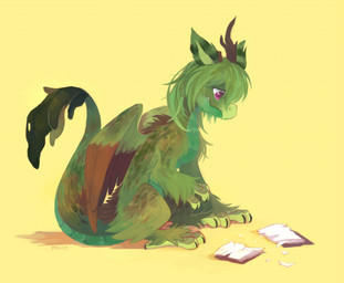 ambiguous_gender bodily_fluids book broken_object brown_body brown_feathers brown_horn brown_mane crying feathered_wings feathers feral feral_with_hair frown fur green_body green_feathers green_fur green_hair hair horn mane purple_eyes sad simple_background sitting snout solo tail tears wings yellow_background darmp mythology dragon furred_dragon furred_scalie mythological_creature mythological_scalie scalie 2014 digital_media_(artwork) digital_painting_(artwork) full-length_portrait painting_(artwork) portrait shaded