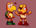 4_fingers anthro blush boots clothing duo eye_patch eyewear fingers footwear heart_symbol male male/male scales shell shoes shoulder_guards smile yellow_body yellow_scales conditional_dnp kazoko_(artist) illumination_entertainment mario_bros nintendo the_super_mario_bros_movie eyepatch_koopa_(tsmbm) koopa koopa_troopa reptile scalie turtle